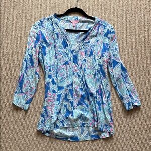 Lilly Pulitzer Floral Blue and Pink Women's V Neck Tunic Top Sz M